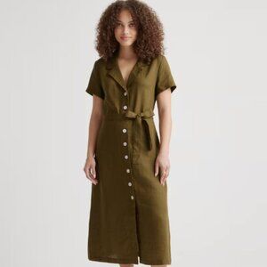 Quince European Linen Button Front Dress: Martini Olive, XS